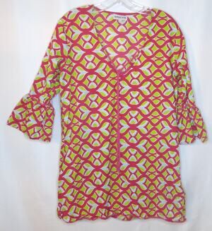 Buckhead Betties Top 3/4 Sleeve Geometric Size S Women Pink Green Boho Colorful